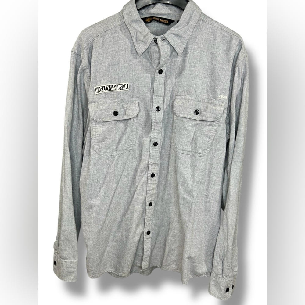 Harley Davidson Gray Button Shirt Slim fit Men’s Felt Spell Out Pockets